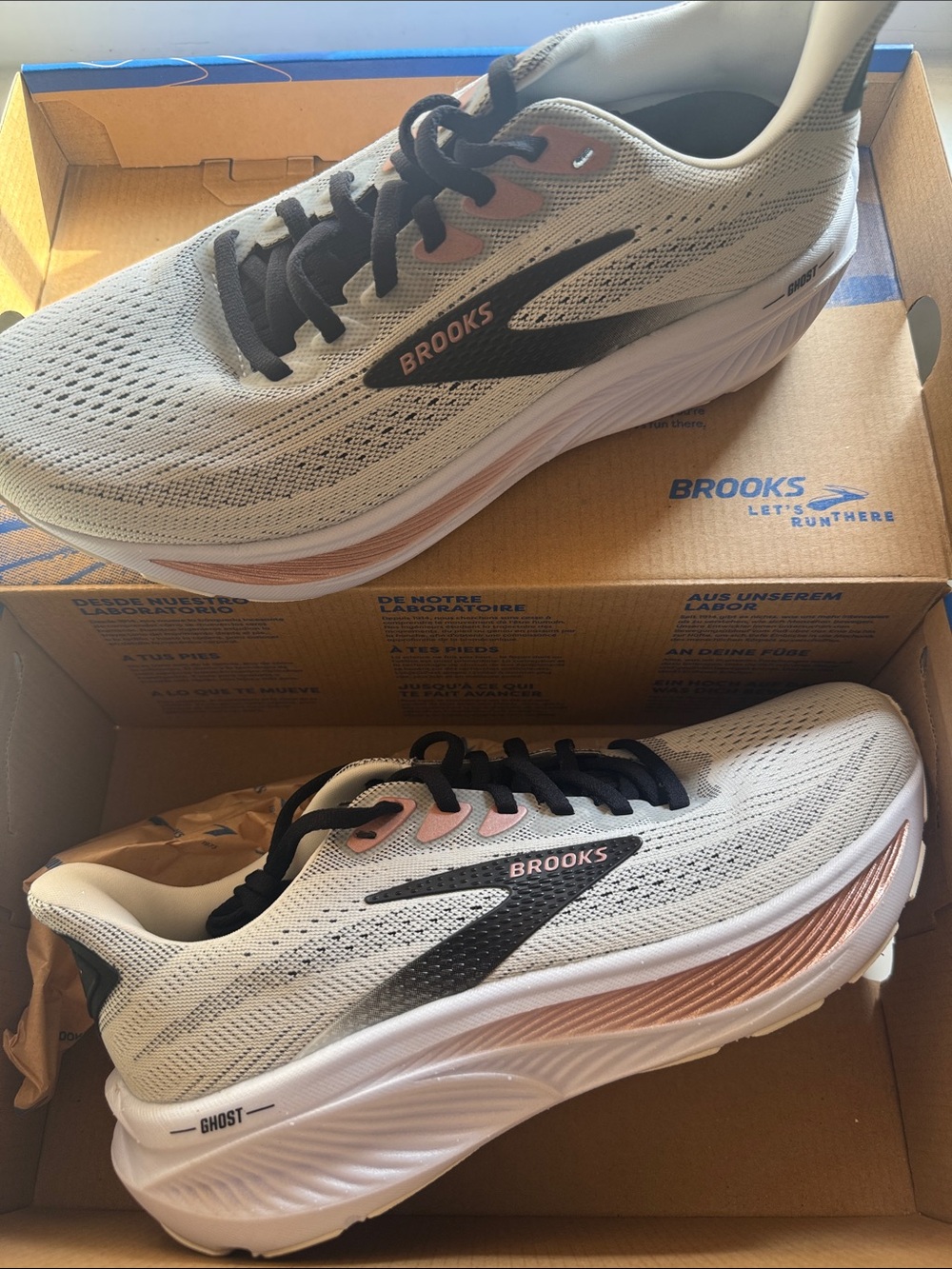 Brooks Women’s Ghost Athletic Shoes Wide— White with Rose Gold Accents